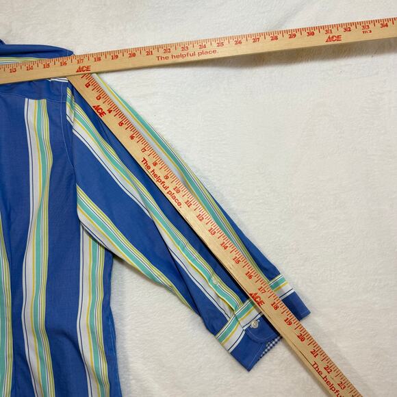 Chaps L Blue Green‎ Yellow Striped Button Up Shirt Gingham Cuff Preppy Coastal - Picture 7 of 10